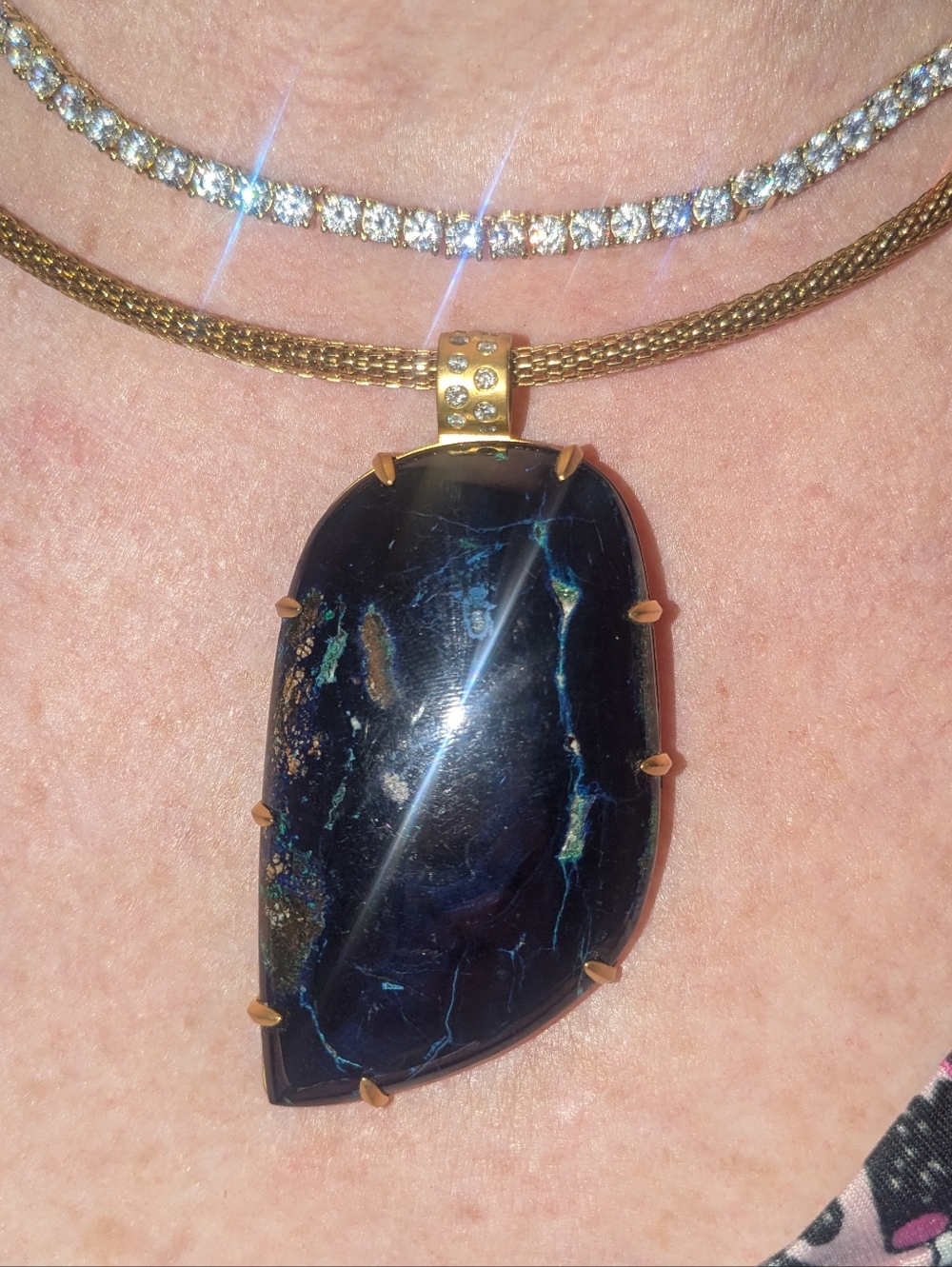 Amazing 10k Yellow Gold Diamond Bail Azurite Blue Gemstone Huge Pendant OOAK